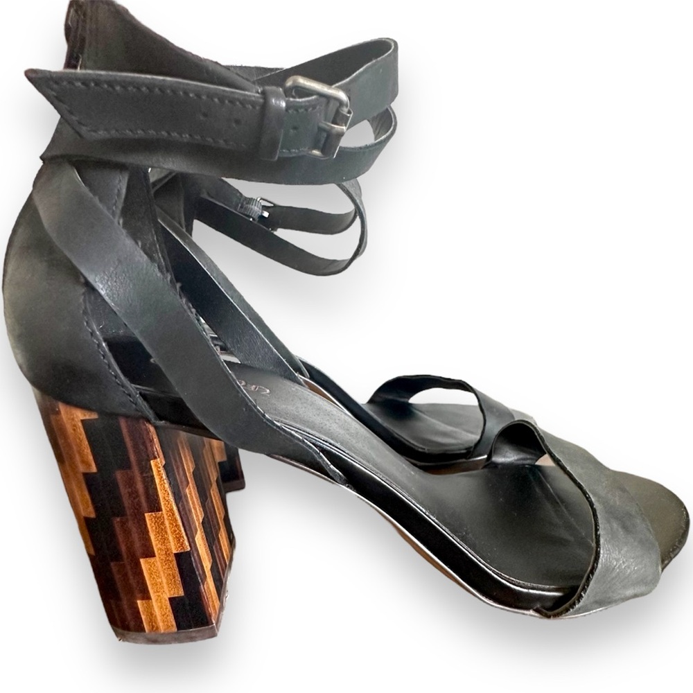 Crown Vintage Owen-CV Women’s 10 Black Sexy Leather Heels Unique w Ankle Strap
